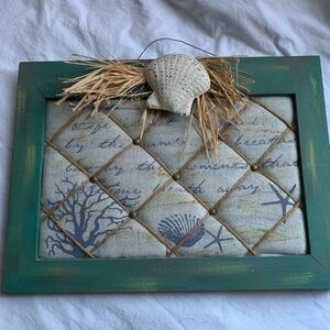 Coastal Farmhouse Fabric Memory Board - Distressed Teal Wood Frame & Seashell